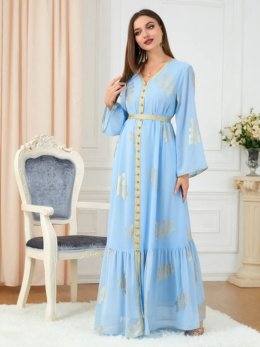 V-Neck Women's Belted Abaya Dress