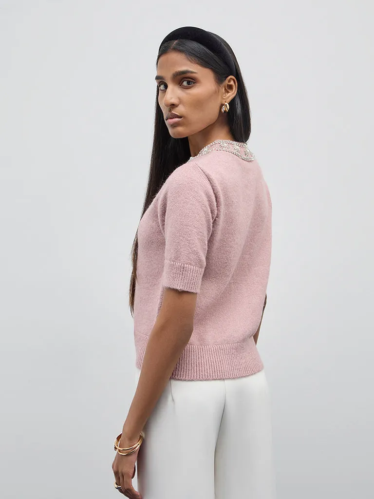 Wardrobe Pink Embellished Knitted Cardigan