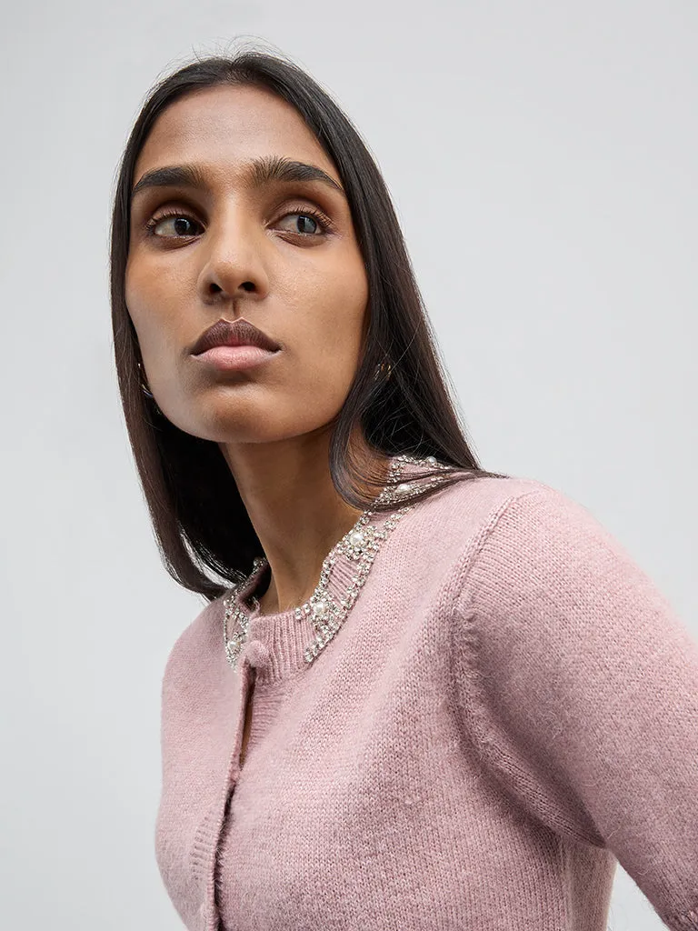 Wardrobe Pink Embellished Knitted Cardigan