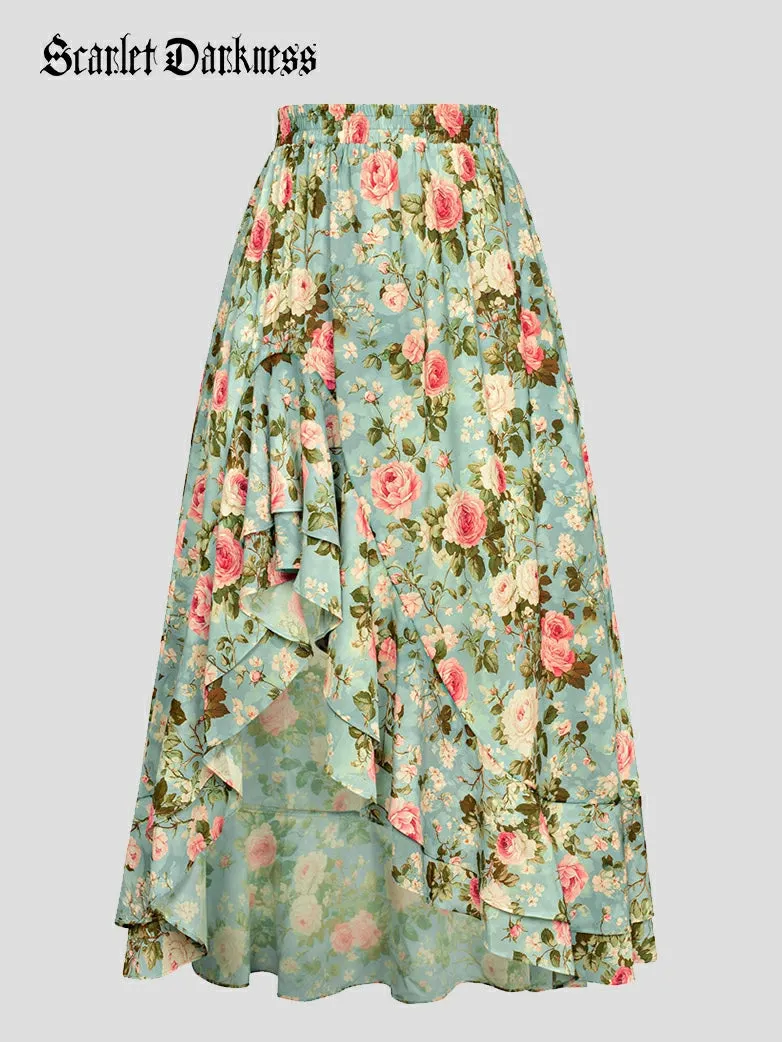 Women Renaissance Ruffled Hem High-Lo Pocket Skirt